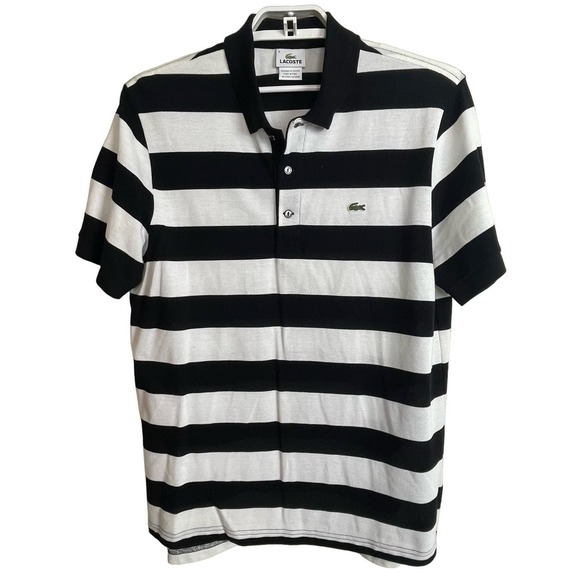 Lacoste Polo Shirt Black White Striped Men's Size L Euro 6  Alligator - Picture 1 of 7
